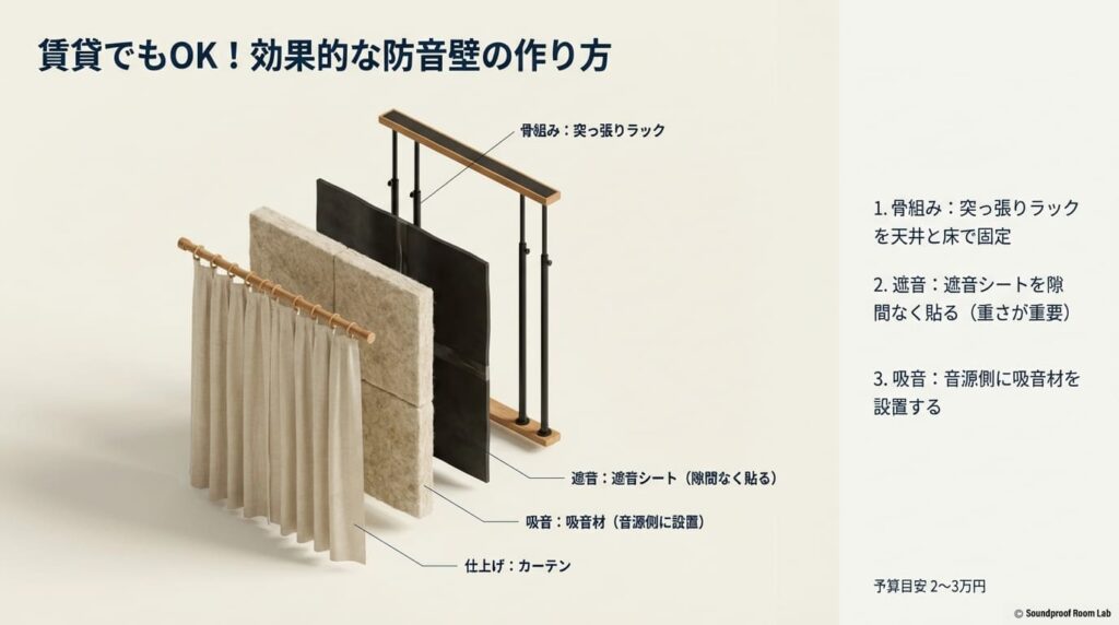突っ張りラックを骨組みにし、遮音シートと吸音材を重ねて仕上げる、賃貸でも設置可能な効果的な自作防音壁の構造図 。