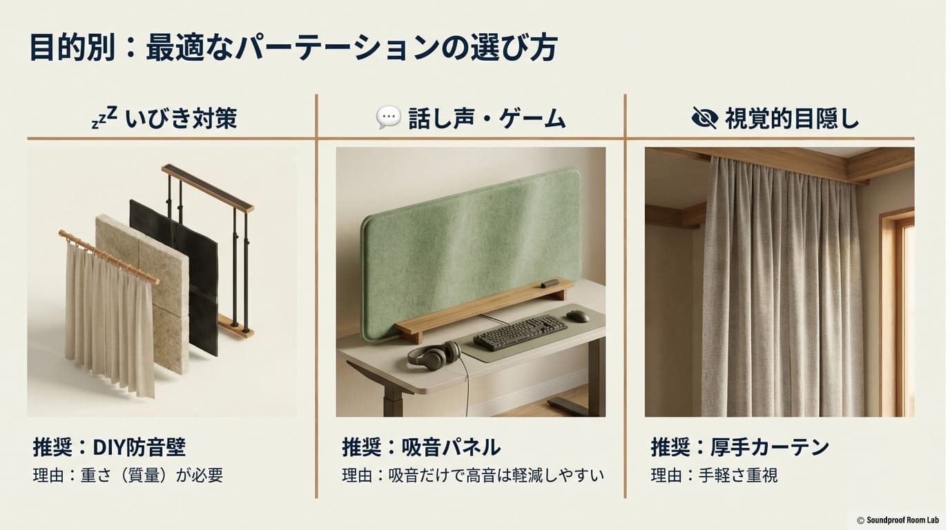 いびき対策（DIY防音壁）、話し声（吸音パネル）、目隠し（厚手カーテン）など、解決したい悩み別に最適なパーテーションの種類を示す比較スライド