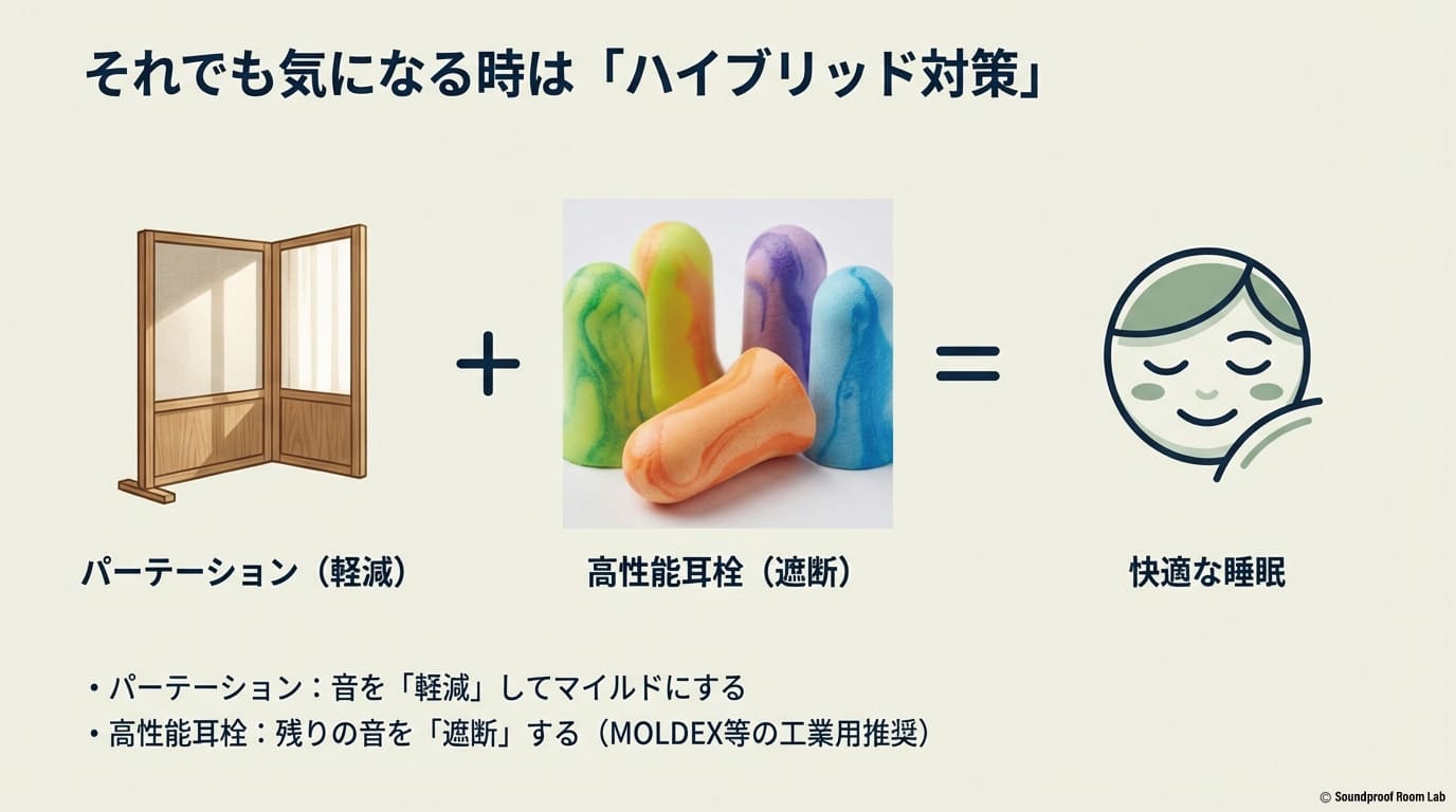 パーテーションによる音の「軽減」と、高性能耳栓による音の「遮断」を組み合わせ、互いの弱点を補うことで快適な睡眠を得る仕組みの図解 。