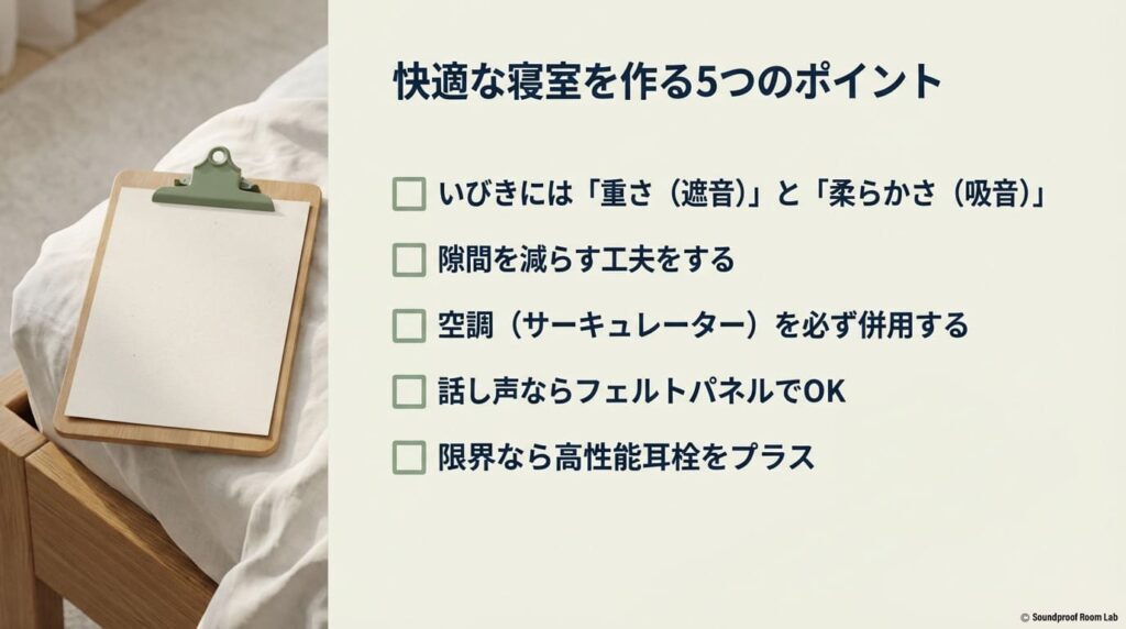 重さと柔らかさの組み合わせ、隙間の軽減、空調管理など、静かな寝室環境を作るための5つの重要ポイントを整理したチェックリスト 。