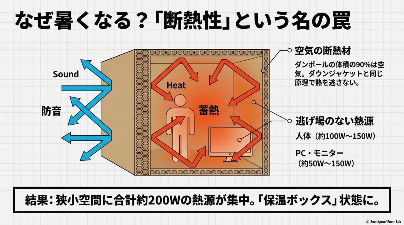 なぜ暑くなるのかを図解したスライド。ハニカムダンボールの断熱性と、人体や機材から出る約200Wの熱が閉じ込められる仕組み。