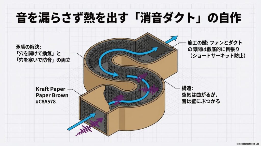 音を漏らさず熱を出す「消音ダクト」の構造。空気は曲がるが音は壁にぶつかって減衰するS字構造の自作ガイド。