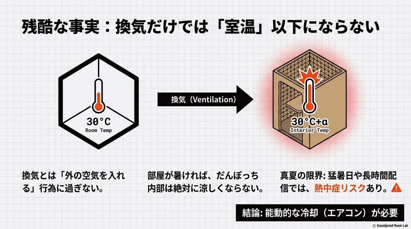 換気だけでは室温以下にならない事実を示すスライド。部屋が暑ければ内部も涼しくならないため、能動的な冷却が必要。