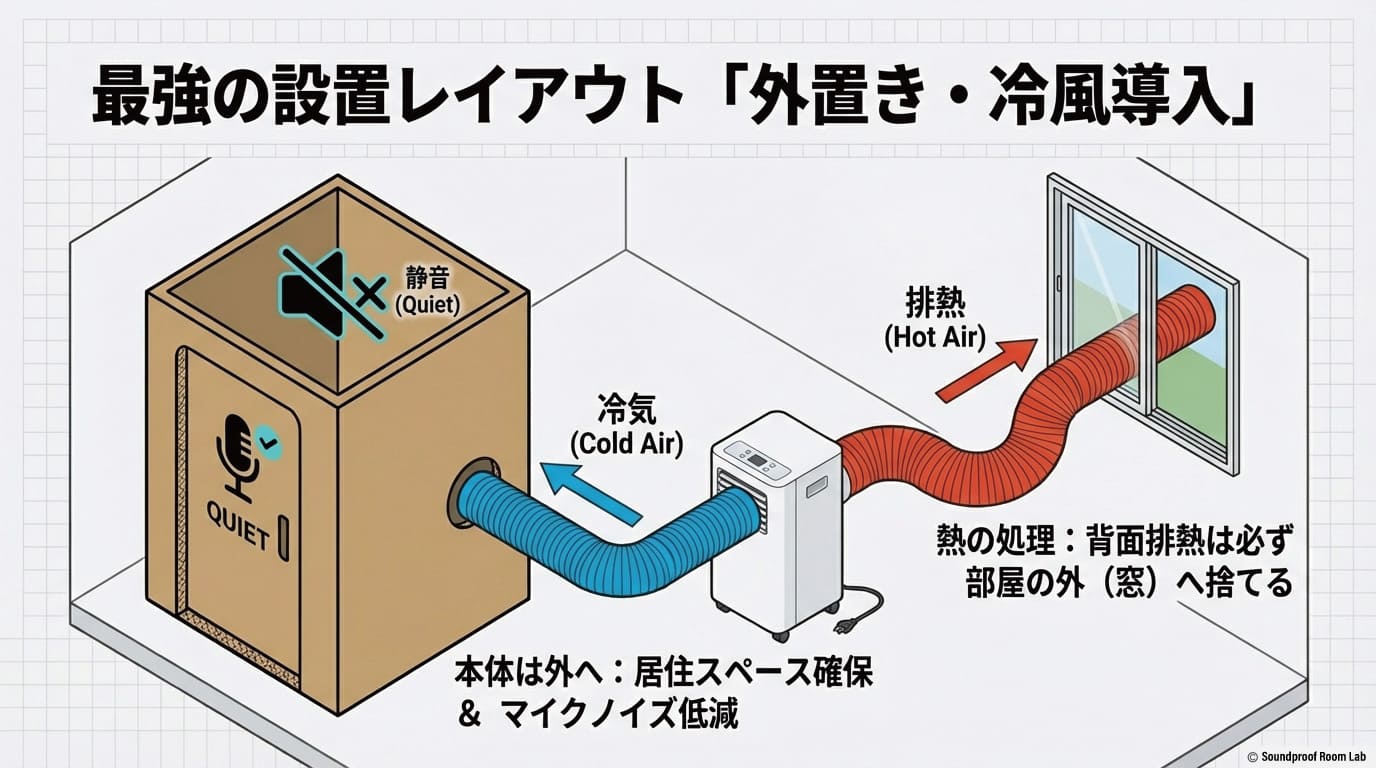 最強の設置レイアウト「外置き・冷風導入」。本体を外に置くことで居住スペースを確保し、マイクノイズも低減する方法。