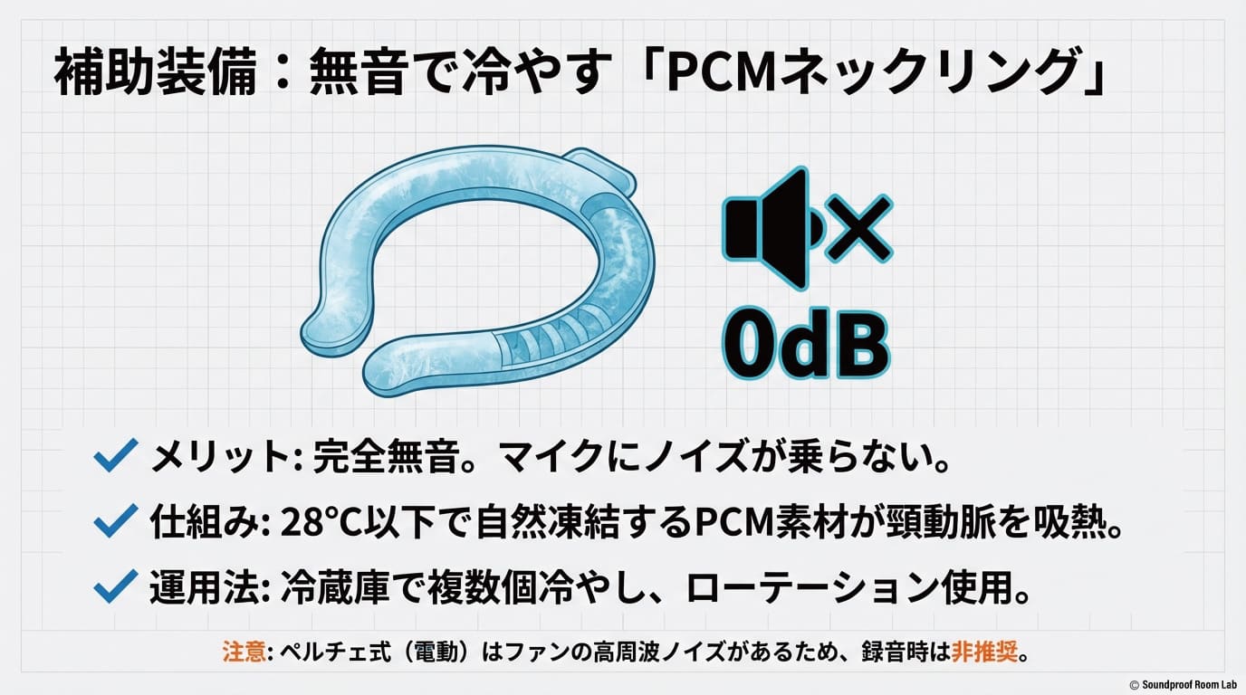 補助装備「PCMネックリング」の紹介。28℃以下で凍結する素材により、無音で頸動脈を冷却しマイクノイズも防ぐ仕組み。