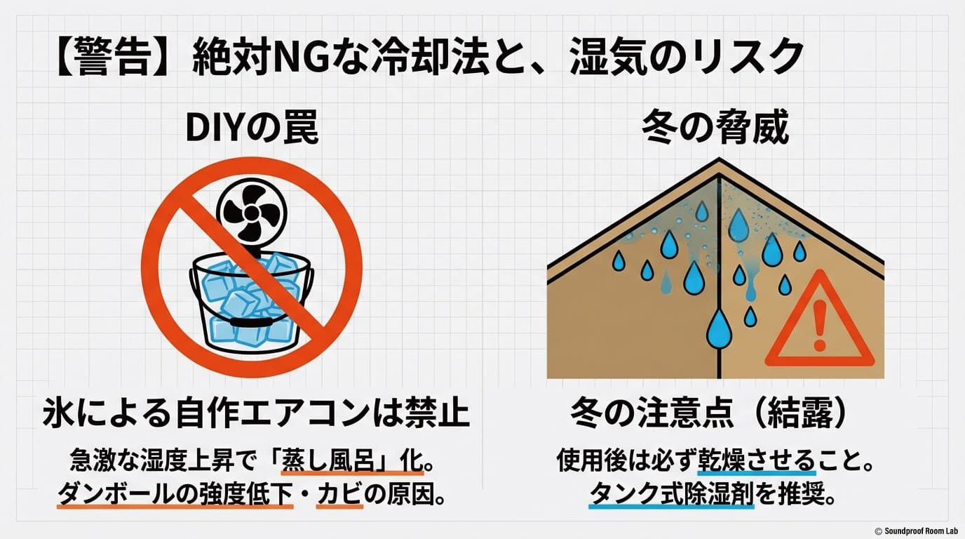 絶対NGな冷却法（氷自作エアコン）と冬の結露リスクの警告。湿気によるカビや段ボールの強度低下への注意喚起。