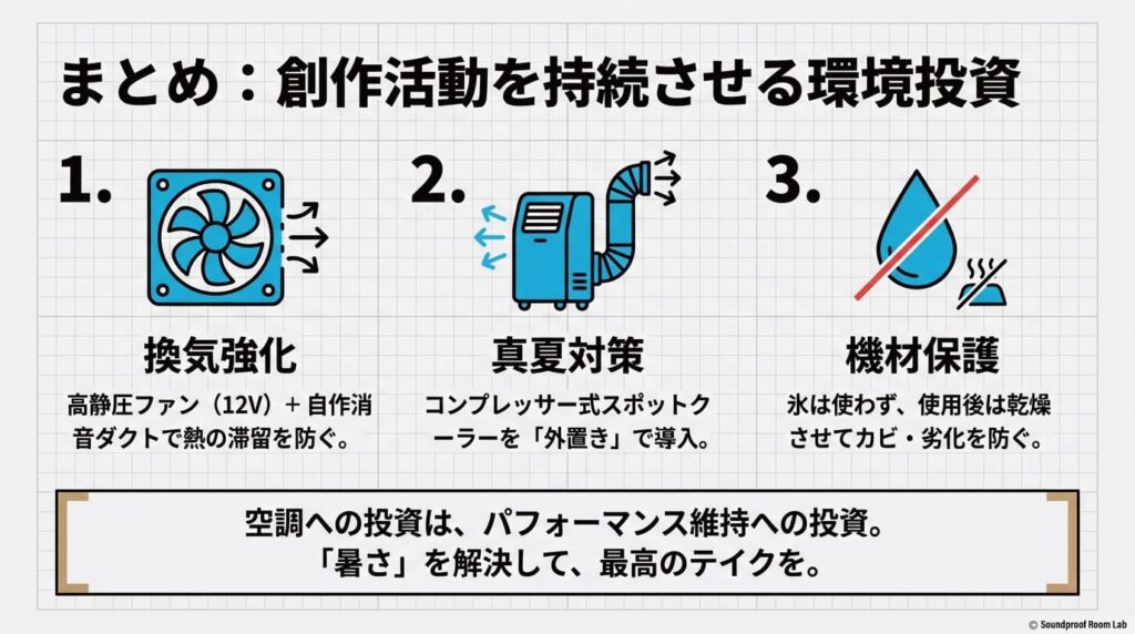 創作活動を持続させるための環境投資まとめ。換気強化、真夏対策、機材保護の3ステップを総括するスライド。
