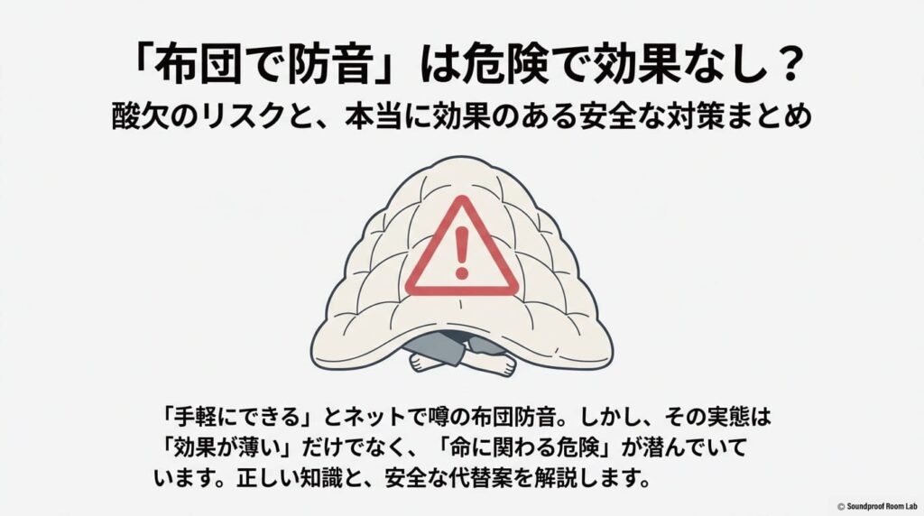 布団での防音対策に潜む酸欠リスクと、本当に効果のある安全な代替案をまとめた資料のタイトルスライド 。