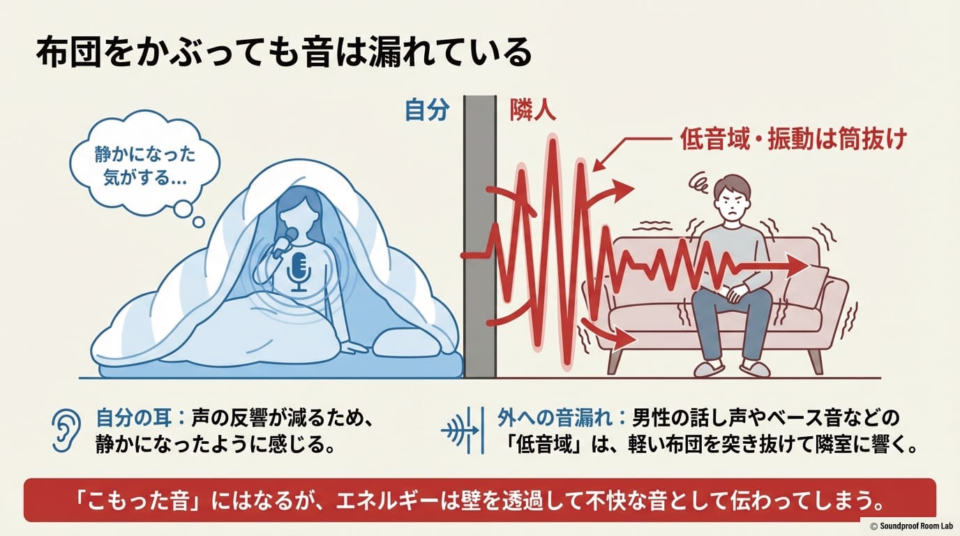 布団をかぶることで自分には静かに聞こえても、隣人には男性の話し声やベース音などの低音域が筒抜けになっている仕組みを解説するイラスト 。