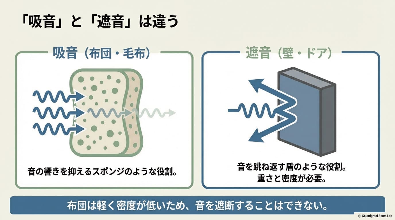音の響きを抑えるスポンジのような「吸音」と、音を跳ね返す盾のような「遮音」の違いを比較し、布団は密度が低いため音を遮断できないことを示す図解 。