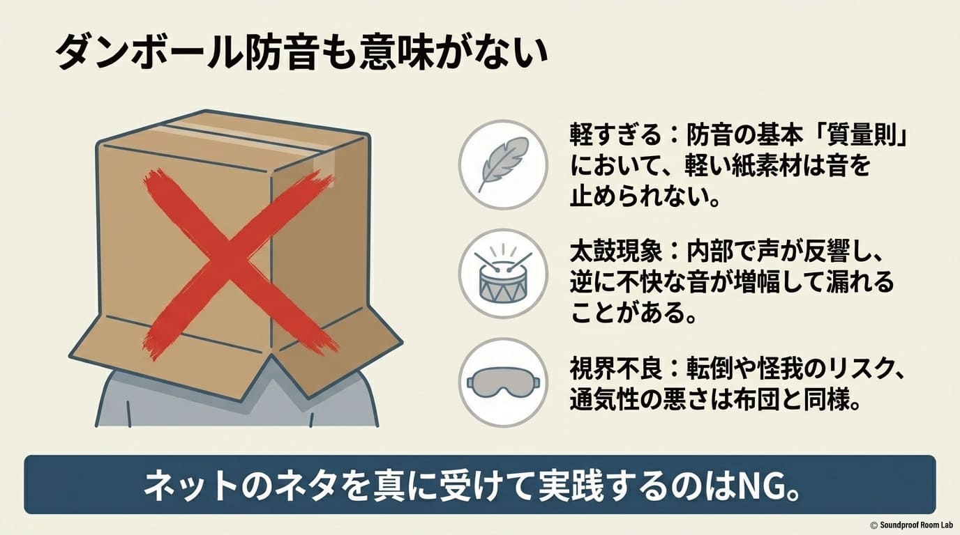 ダンボール防音は質量不足で音が止まらないだけでなく、内部で声が反響し不快な音が増幅して漏れる「太鼓現象」が起きるデメリットを解説したスライド