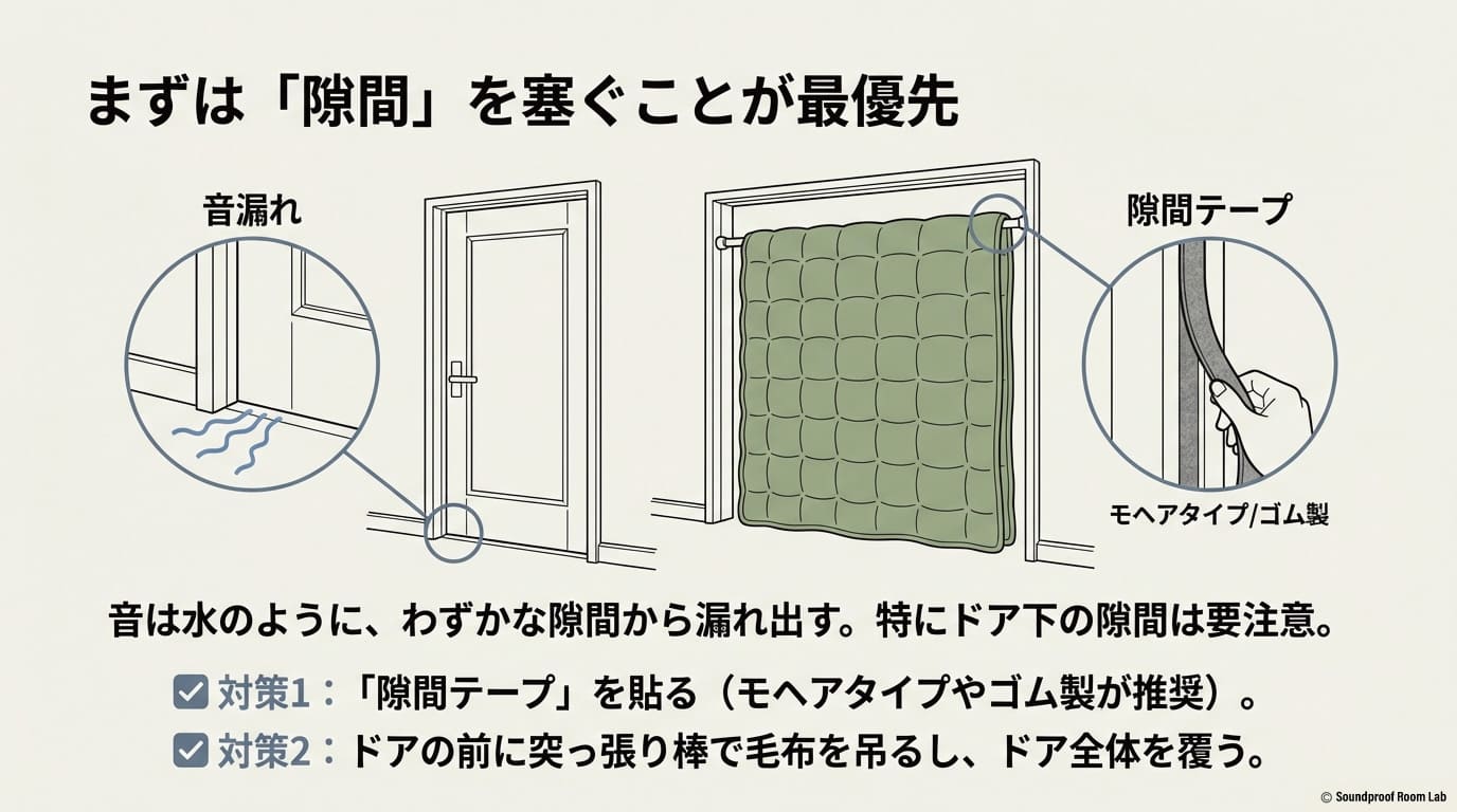 音漏れの主な原因であるドア下の隙間への対策として、隙間テープの貼り付けや、突っ張り棒でドア全体を毛布で覆う手順を示した図解 。