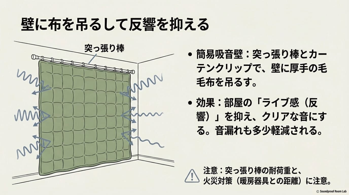 突っ張り棒とカーテンクリップを使用して壁に厚手の毛布を吊るし、部屋の反響を抑えてクリアな音にする「簡易吸音壁」の仕組みと注意点をまとめたスライド 。