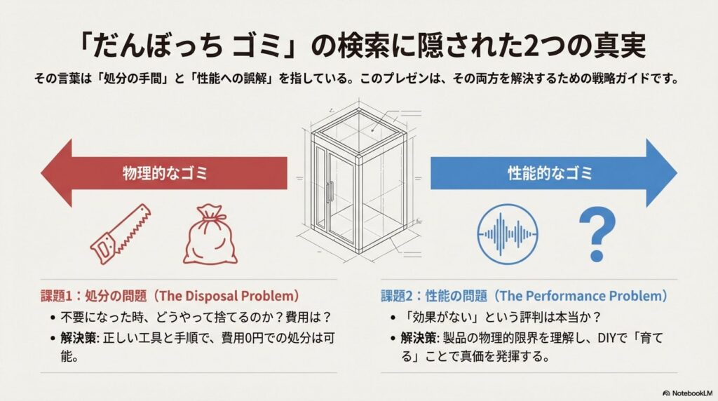 だんぼっちの検索意図にある「処分の手間(物理的なゴミ)」と「性能への誤解(性能的なゴミ)」という2つの課題を示すスライド