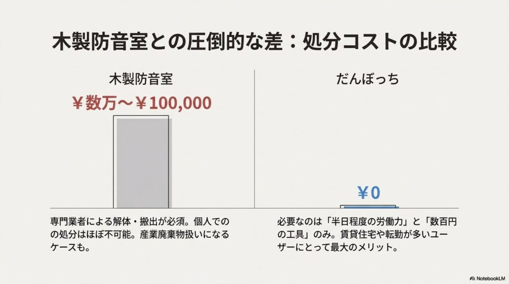 木製防音室の処分費用が数万円かかるのに対し、だんぼっちは解体すれば0円で処分できることを比較した表