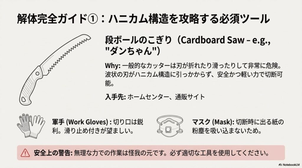 硬いハニカム構造を切断するために必要な「段ボールのこぎり」や「軍手」などの道具を紹介したイラスト