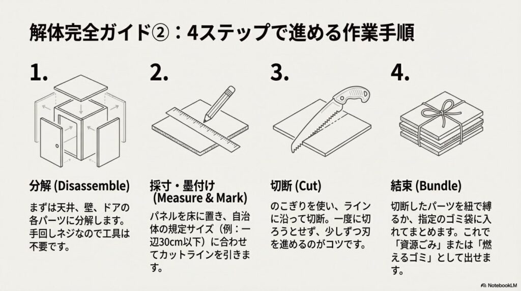 だんぼっちを分解し、採寸・墨付けを行い、のこぎりで切断して結束するまでの4つの工程を図解したスライド