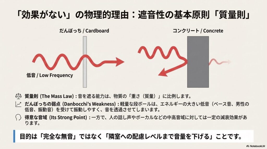 軽量な段ボールが低音や振動を通してしまう「質量則」の仕組みと、中高音域に対する減衰効果を図解した物理的解説