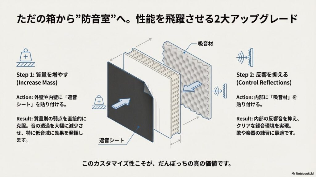 遮音シートで質量を増やし、吸音材で反響を抑えるという、だんぼっちを本格的な防音室に変えるための改造方法を示した図