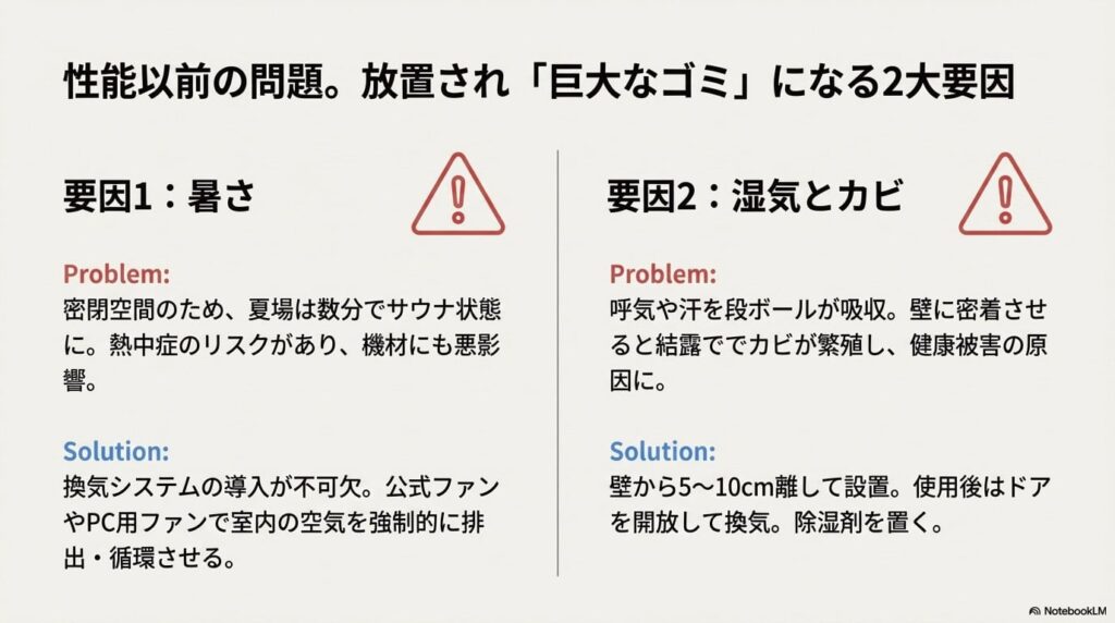 だんぼっちが使われなくなる原因である「内部のサウナ化(暑さ)」と「カビ(湿気)」への具体的な解決策をまとめたスライド
