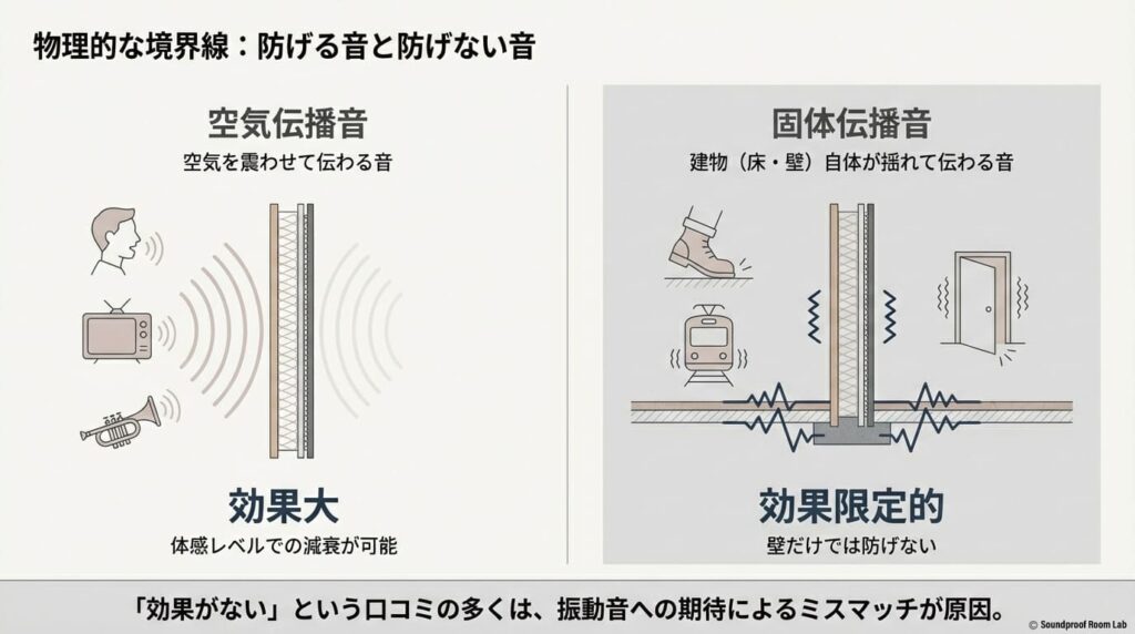物理的な境界線として、防げる「空気伝播音」と防げない「固体伝播音」の違いを視覚的に説明したスライド。