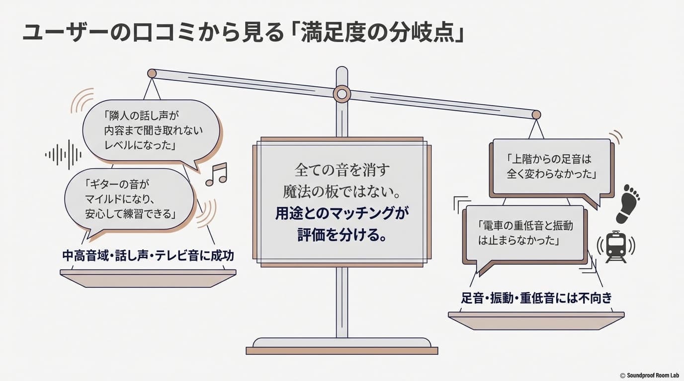 ユーザーの口コミから見る「満足度の分岐点」。話し声やギターには成功しやすいが、足音や振動には不向きであることを示す図。