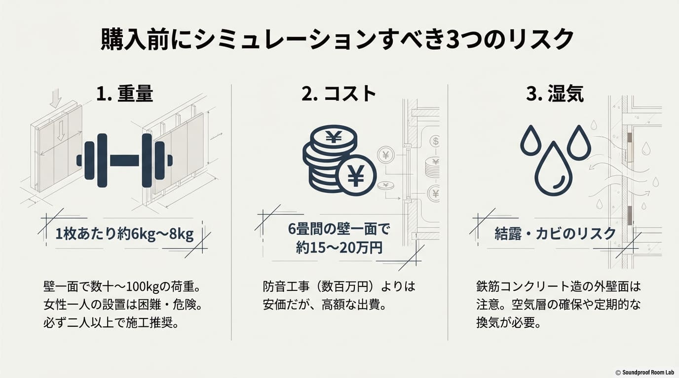 購入前に検討すべき3つのリスク（重量、コスト、湿気）と、二人以上での施工推奨を解説するスライド。