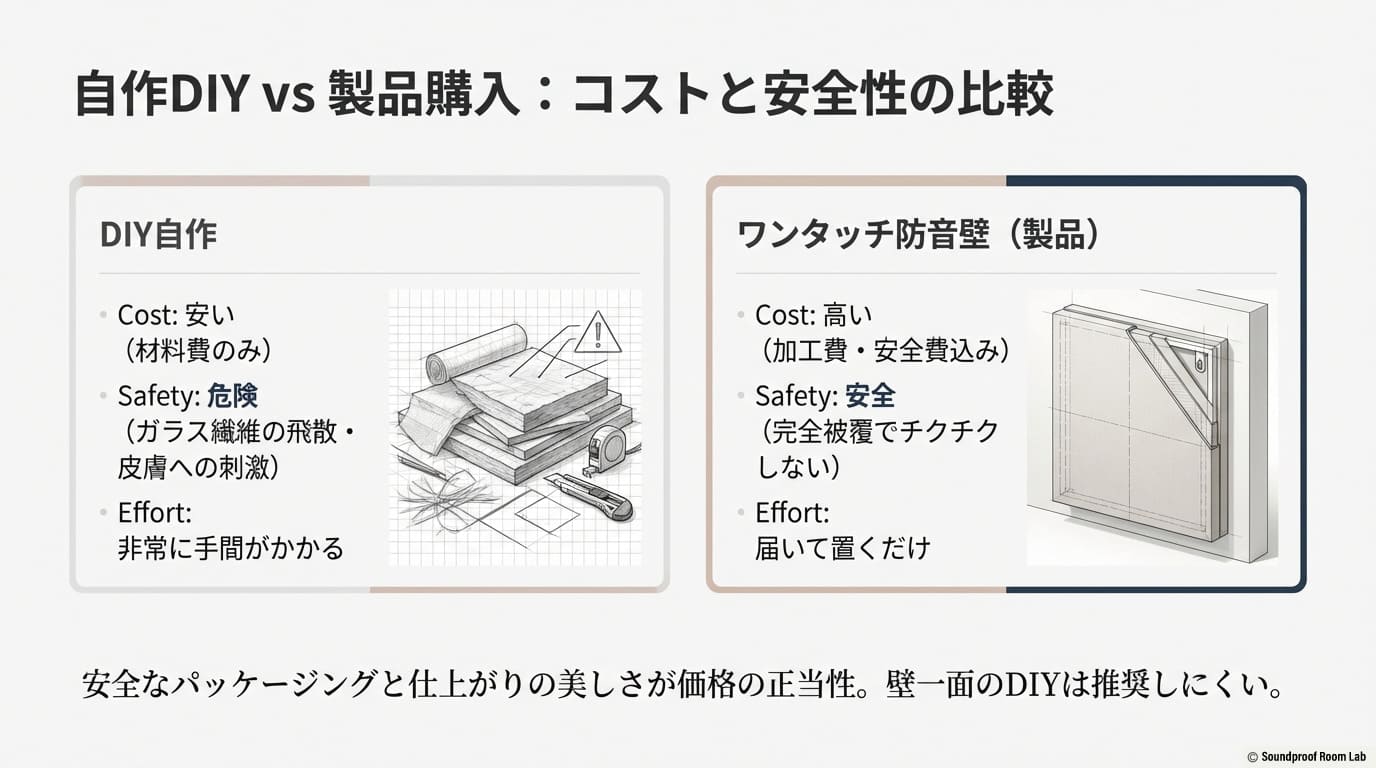自作DIYと製品購入の比較。コスト、安全性、手間を比較し、ガラス繊維飛散による健康リスクについても警告するスライド