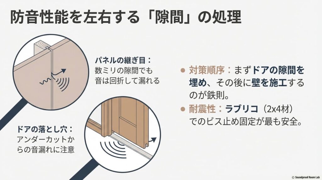 防音性能を左右する「隙間」の処理。ドアのアンダーカットやパネルの継ぎ目からの音漏れに注意を促す図解。