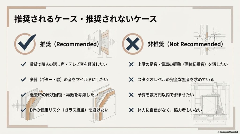 推奨されるケース（隣人の話し声等）と推奨されないケース（上階の足音等）を分かりやすく一覧化したスライド