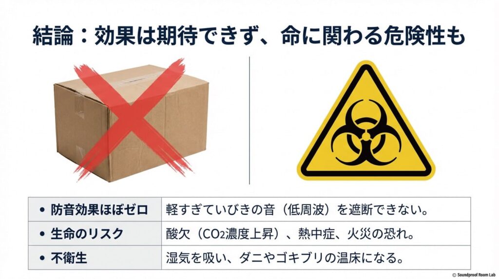 ダンボール対策の結論まとめ:防音効果はほぼゼロであり、酸欠や熱中症、火災、害虫・カビによる衛生面のリスクがあることを示す表