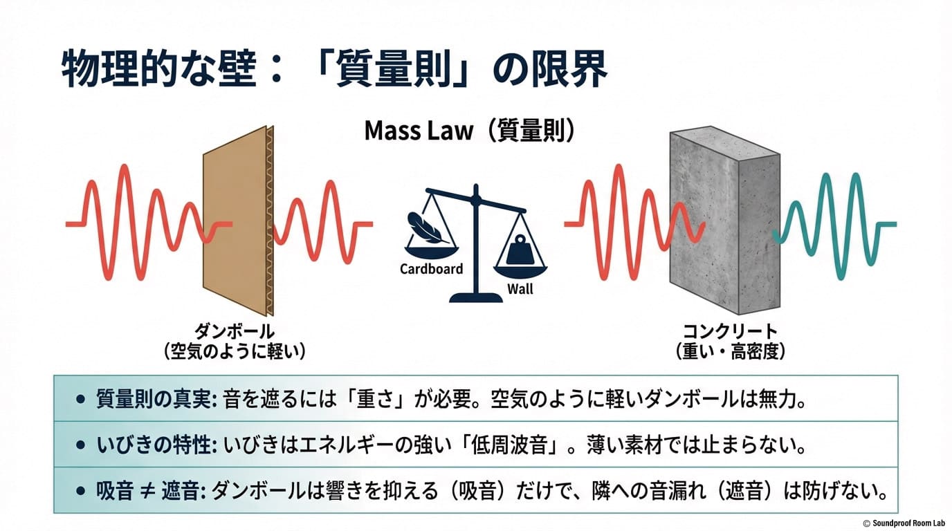 質量則(物理法則)の解説図:軽いダンボールは音を透過させるが、コンクリートのような重い壁は音を遮断すること、いびきは低周波音なので薄い素材では止まらないことを説明する図