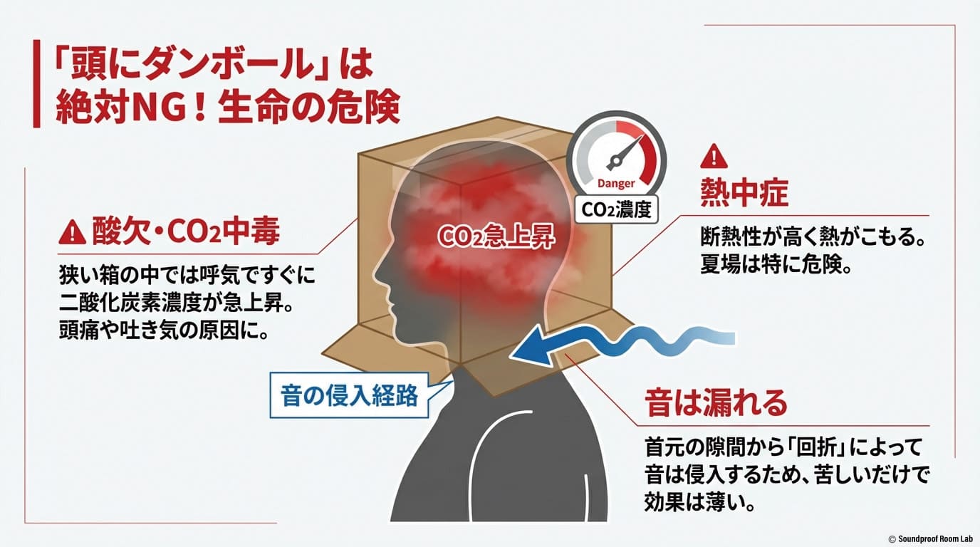 頭にダンボールをかぶる危険性の図解:狭い空間でのCO2濃度急上昇(酸欠)、熱のこもり(熱中症)、隙間(首元)から音が回り込む「回折」の仕組みを解説