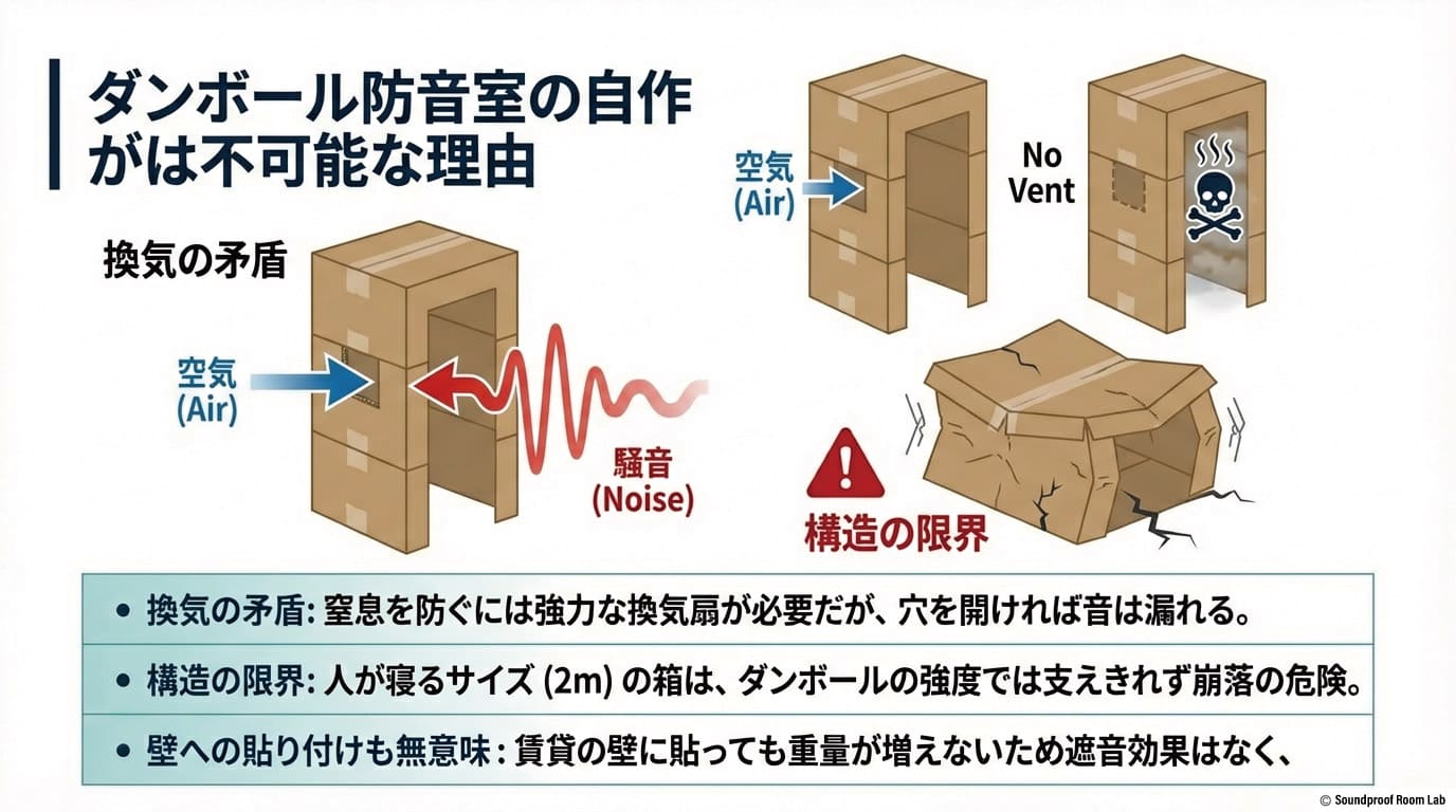 自作防音室の限界:窒息を防ぐための換気扇をつけると音が漏れるという「換気の矛盾」と、人間が入るサイズの箱を支えるにはダンボールの強度が不足していることを示す図