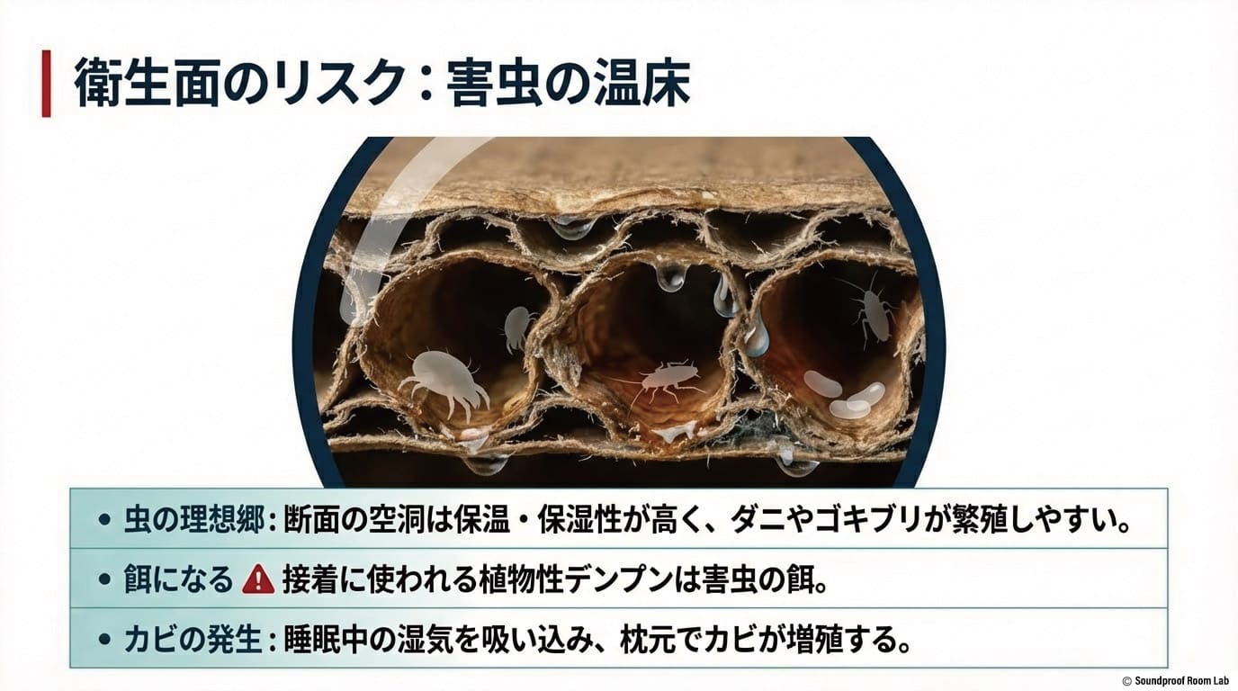 衛生面のリスク:ダンボールの断面(フルート構造)が保温・保湿性に優れダニやゴキブリの温床になること、接着剤のデンプンが虫の餌になること、カビの増殖リスクを説明する図