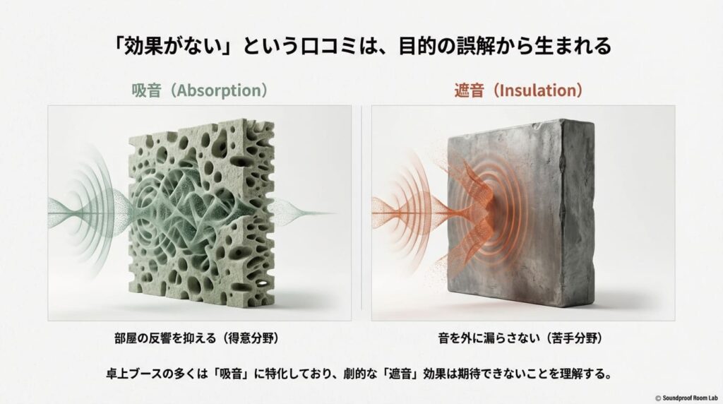 吸音（部屋の反響を抑える得意分野）と遮音（音を外に漏らさない苦手分野）の違いを解説し、目的の誤解を防ぐための図解スライド。