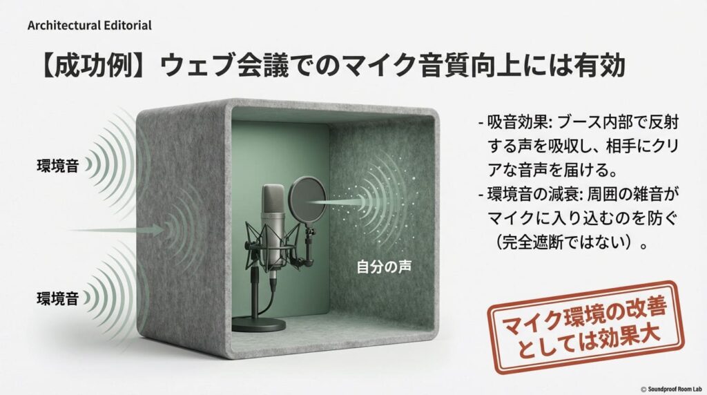 ウェブ会議における成功例の図解。ブース内部の反射音を吸収し、周囲の雑音をマイクに入りにくくすることで音質が向上する仕組みの解説スライド。