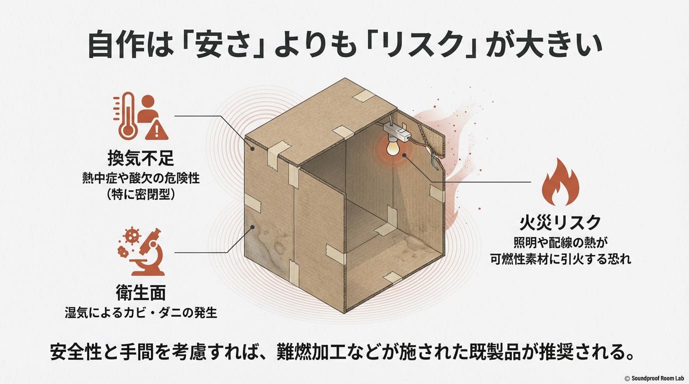 自作DIYブースの健康・安全リスクをまとめたスライド。換気不足による酸欠、カビ・ダニの発生、素材の可燃性による火災リスクについての注意喚起。