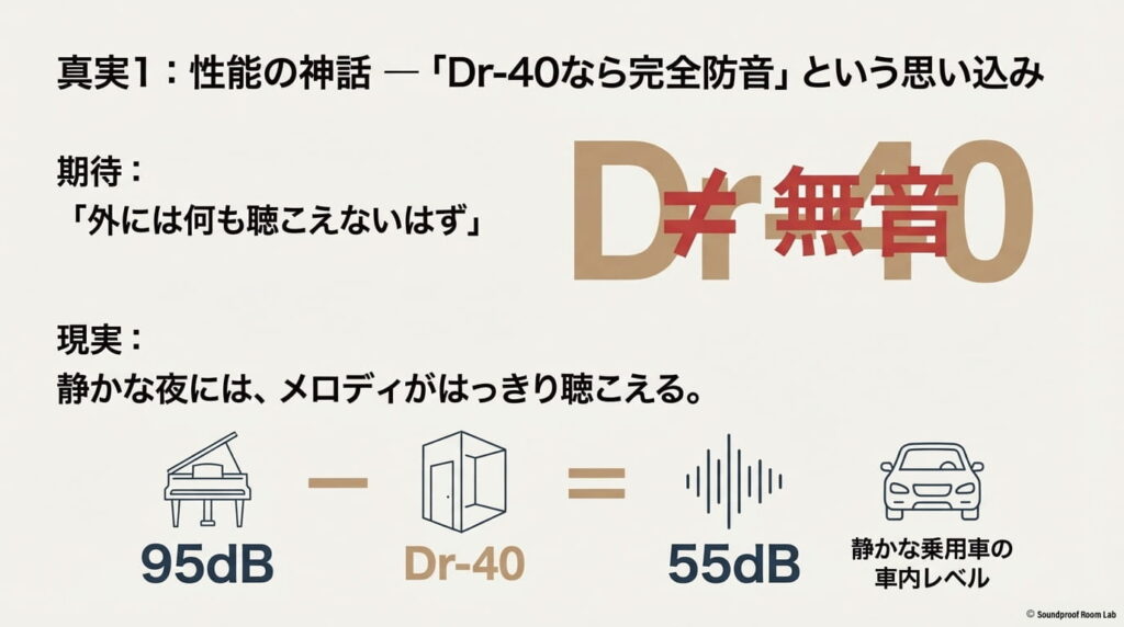 95dBのピアノ音がDr-40の防音室でも55dB程度漏れることを示す図解