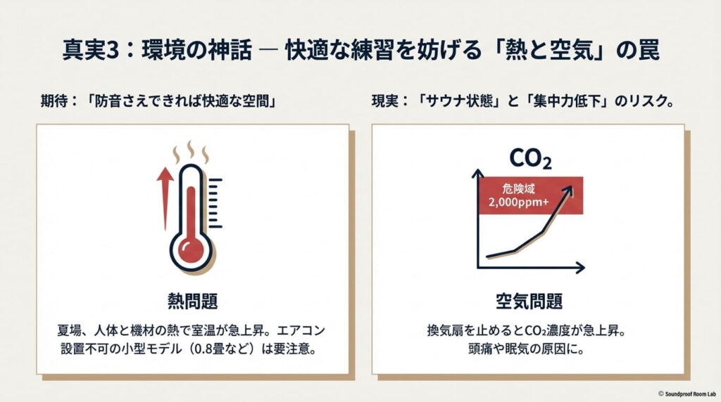 防音室内のCO2濃度上昇や夏場の温度上昇リスクを説明するスライド