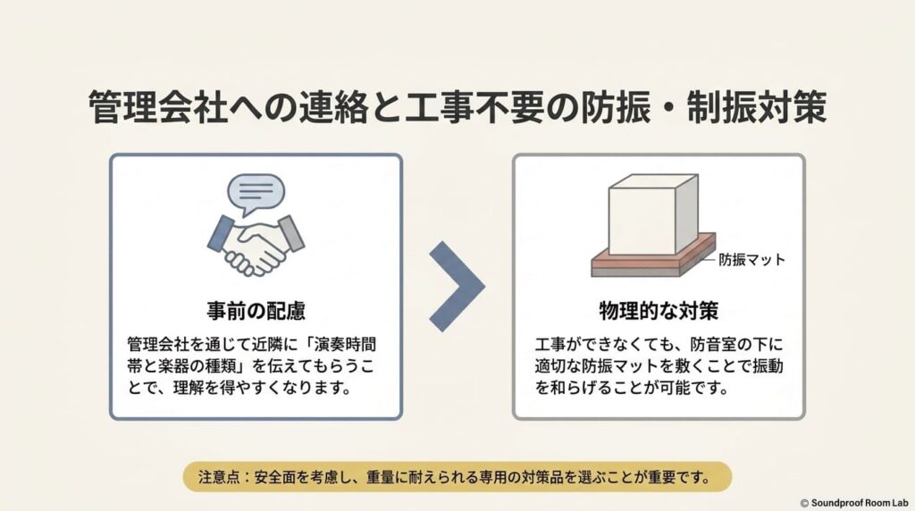 管理会社への連絡と工事不要の防振・制振対策:要約図解