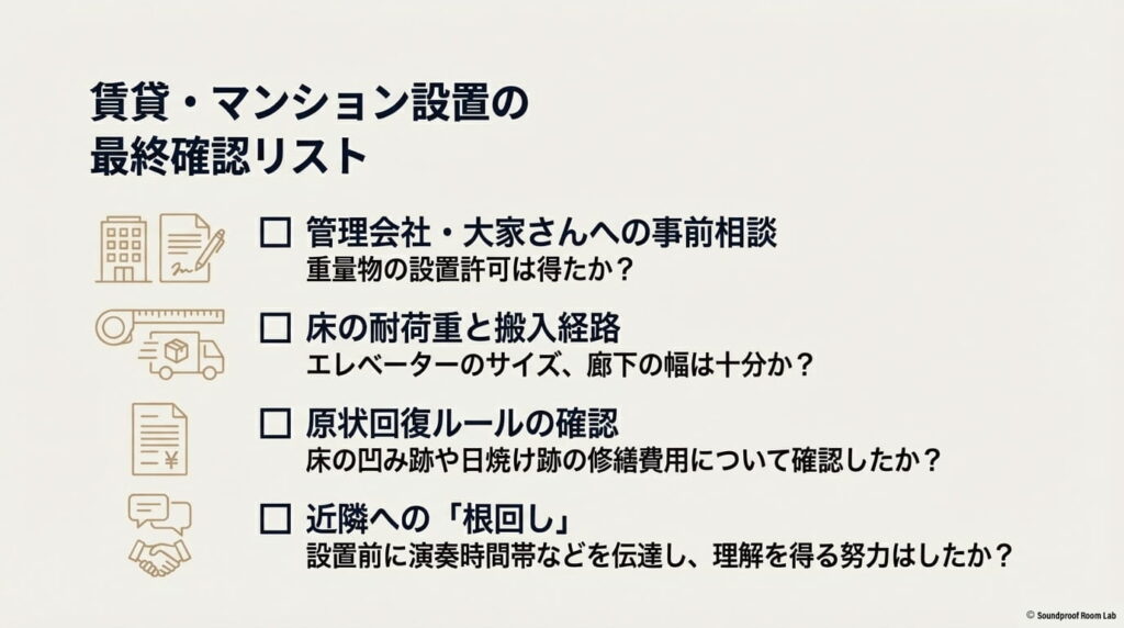 管理会社への相談や搬入経路、原状回復ルールなどのチェックリスト