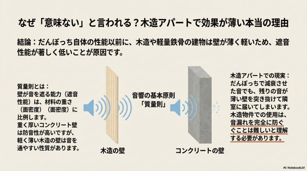 木造アパートの壁が薄く遮音性が低い質量則の解説図