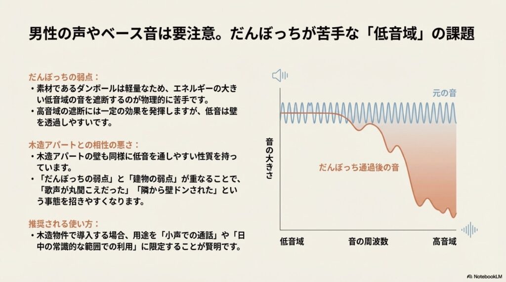 だんぼっちが低音域の遮断を苦手とする理由を示す周波数グラフ