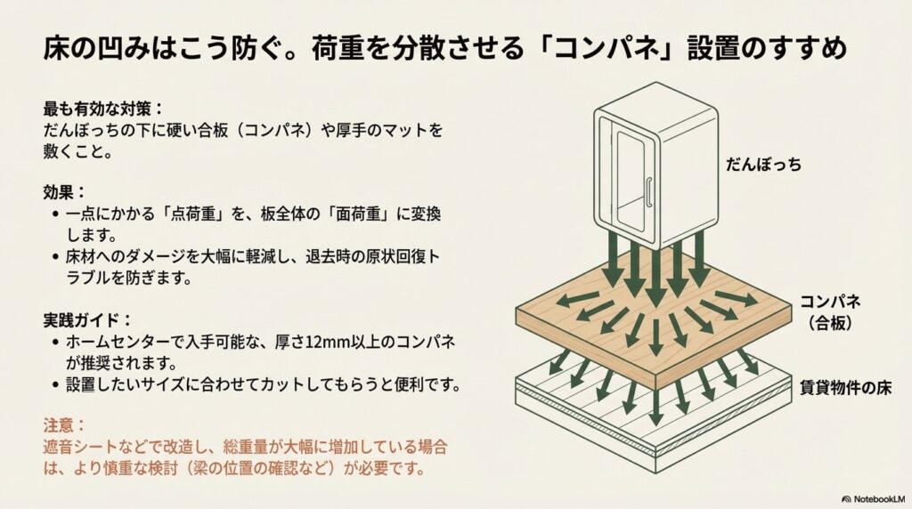 コンパネを使用して荷重を分散させる設置方法の図解