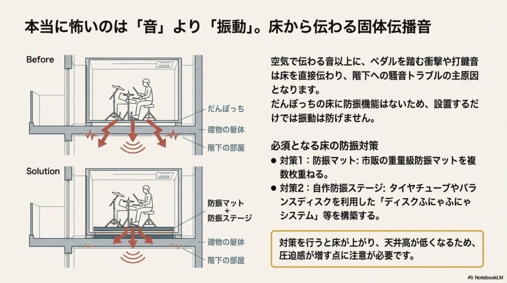 床への振動（固体伝播音）対策：電子ドラム・ピアノに必須の防振術