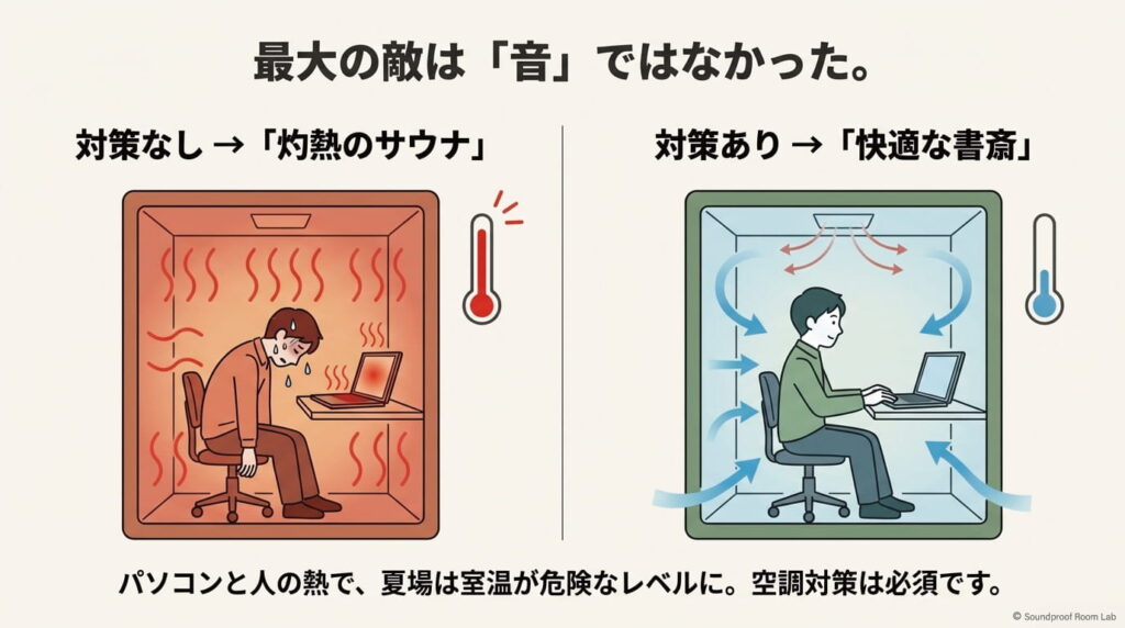 対策なしで「灼熱のサウナ」状態になる様子と、対策により「快適な書斎」になる様子の比較スライド