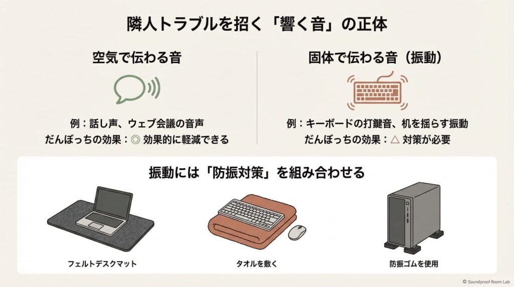 話し声などの空気音(だんぼっちで軽減可)と、打鍵音などの振動音(別途防振対策が必要)の違いを示すスライド