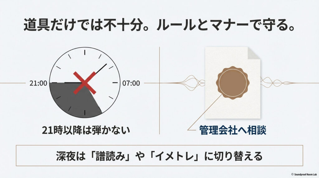 21時以降は弾かない、管理会社へ相談する、深夜は譜読みやイメトレに切り替えるといったマナーのまとめ