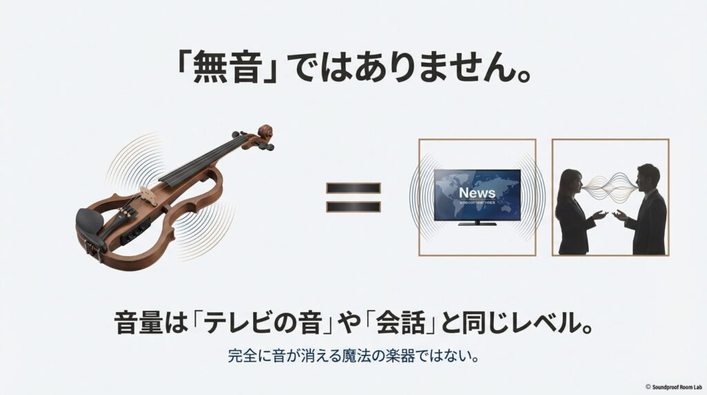 サイレントバイオリンの音量はテレビの音や会話と同じレベルであり、完全に無音ではないことを示す比較図